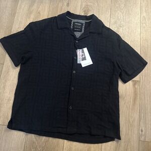 Denim & Flower Men's Short Sleeve Button Shirt Textured Black Relaxed Fit Large